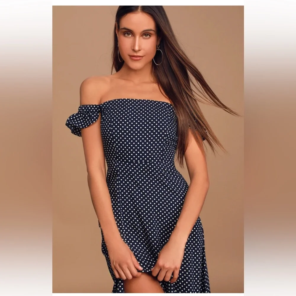 Dream Love Navy Blue Polka Dot Off-the-Shoulder Maxi Dress - Picture 3 of 6